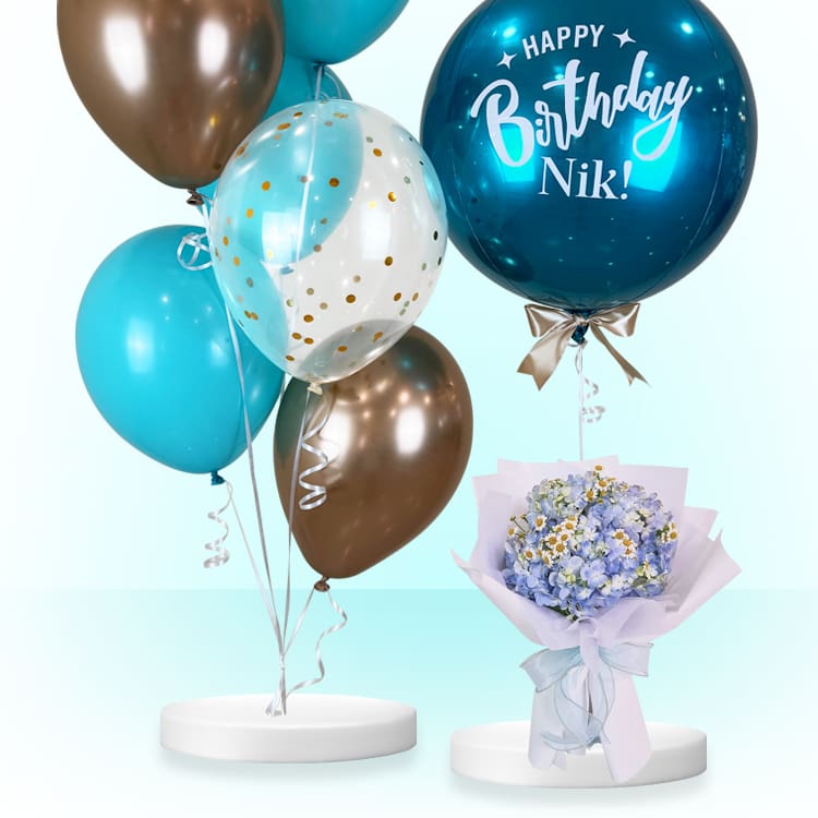 Deluxe Helium Balloon Bunch & Fresh Blue Flower Bouquet (Hydrangea)