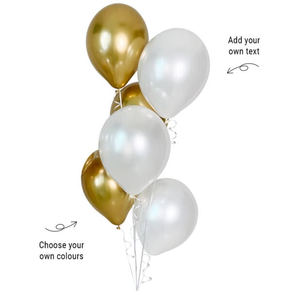 Bunch / Bouquet of 6 Chrome Gold & White Helium Balloons