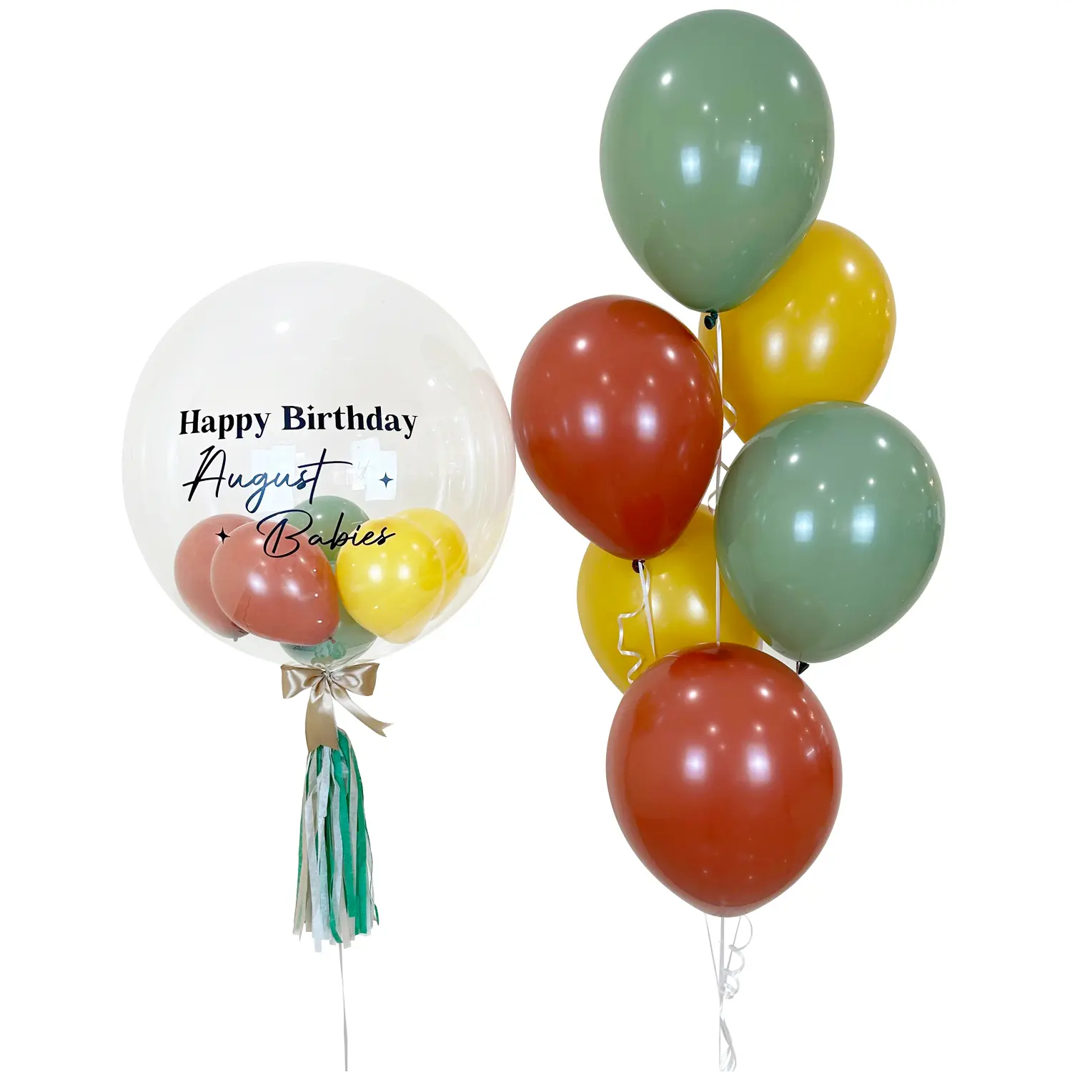 Deluxe August Bubble Bobo Helium Balloon Bouquet - Burnt Red, Dark Yellow, Olive
